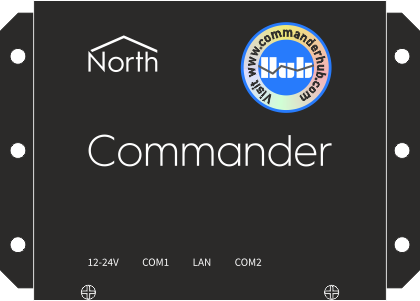 Picture of Commander building controller in a rectangular black metal case. In white text, North's logo is printed in the top left with the text 'Commander' in the center. A round blue Commander Hub sticker is positioned in the top right.